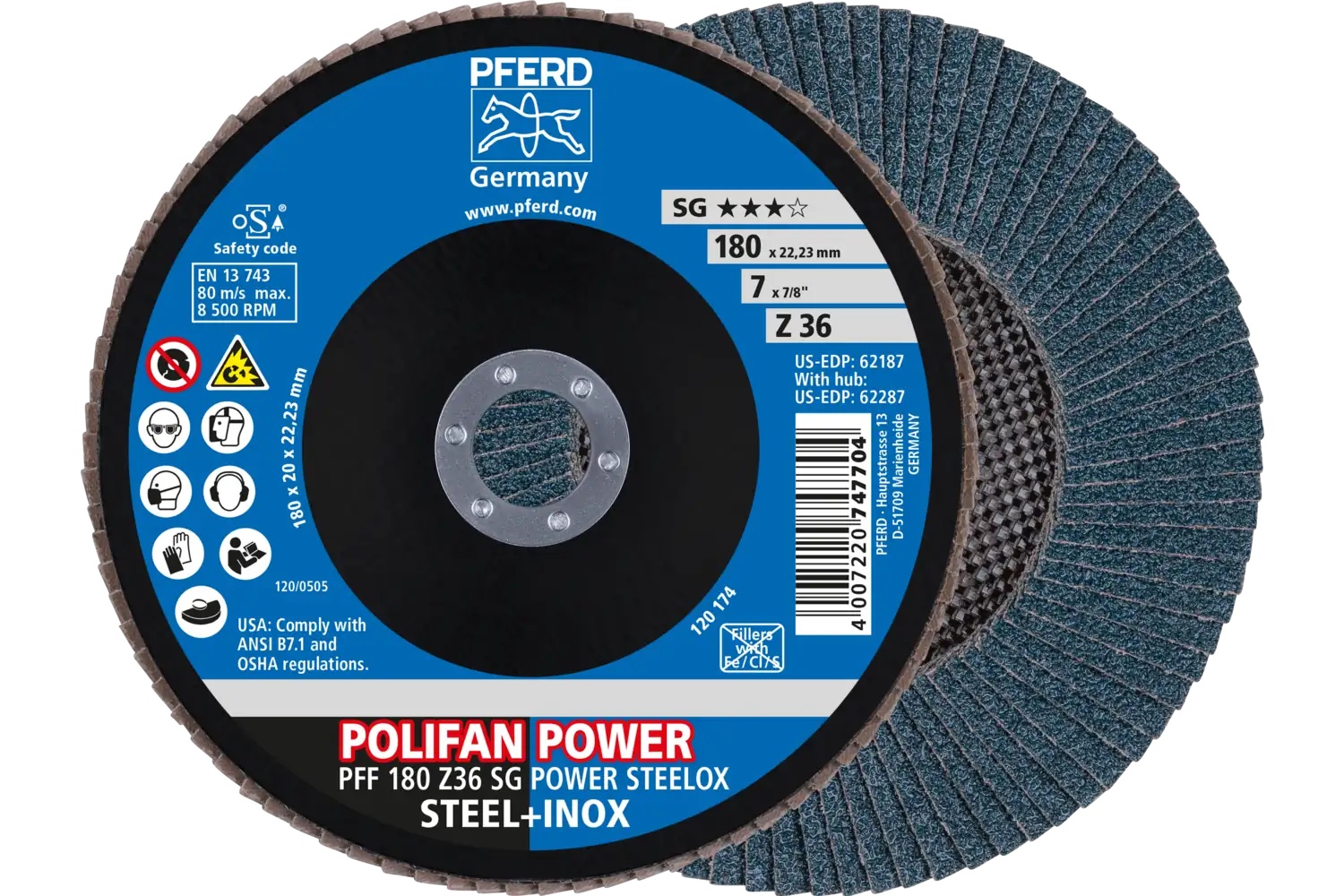 Picture of Pferd Flap Disc, 7" x 7/8, Z SG Power Steelox, 36 Grit, T27, Flat, Zirconia